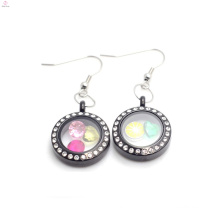 2015 Unique styles black crystal stainless steel coin floating locket earrings jewelry